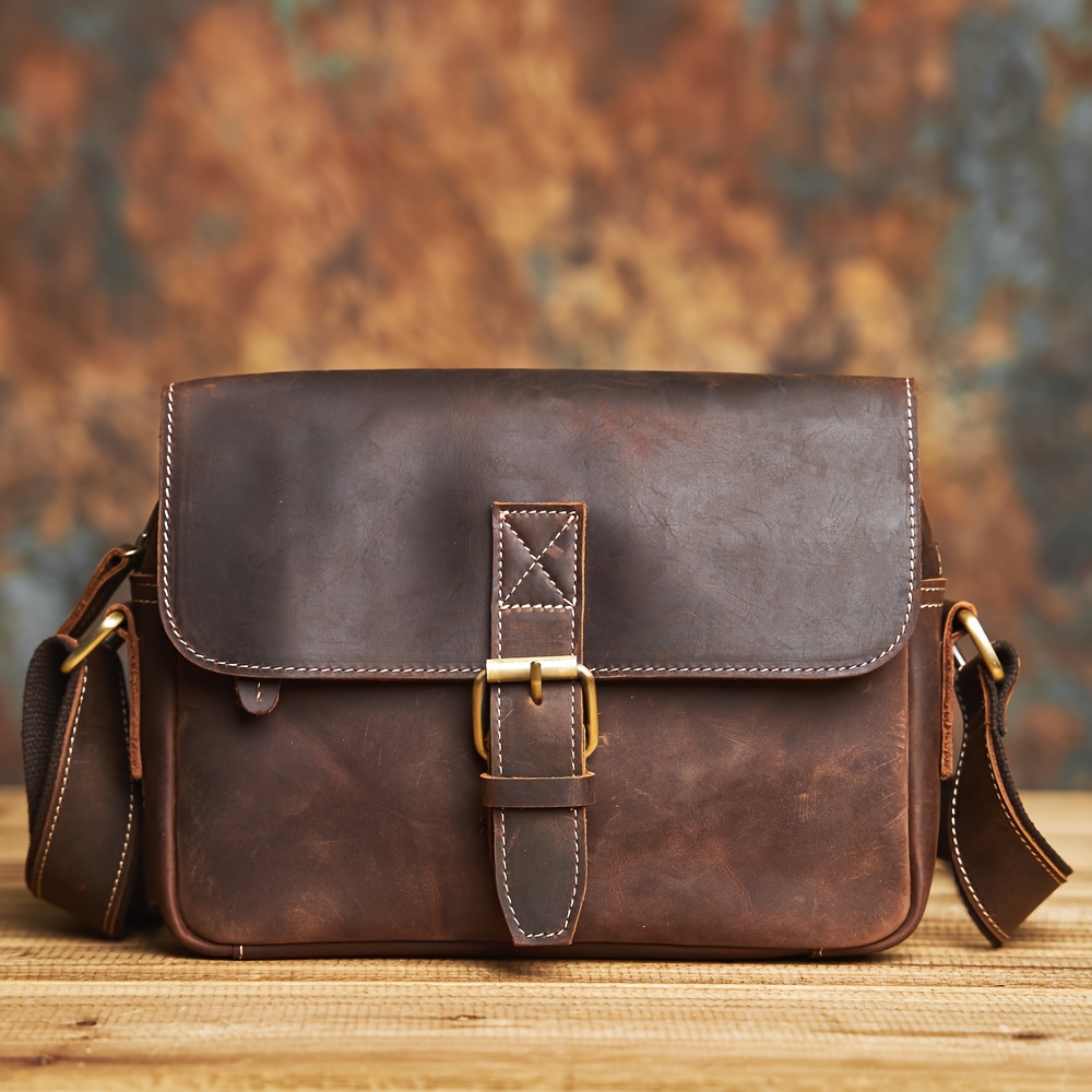 Image of Top Layer Cowhide Retro Men's Shoulder Bag Fashion Multi-compartment Crossbody Bag Small Checkered Crossbody Bag