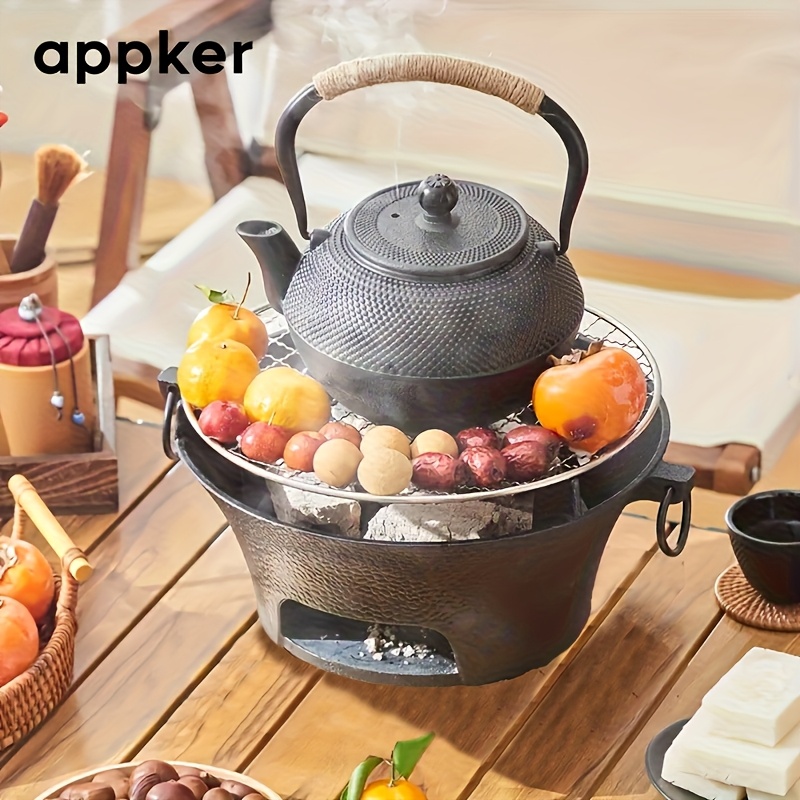 APPKER Cast Iron Charcoal Stove Set - Versatile Round Heating Grill with Lid, Folding Handles, and Grate - Perfect for BBQ, Outdoor Cooking, and Kitchen Use - Black, Charcoal Grill