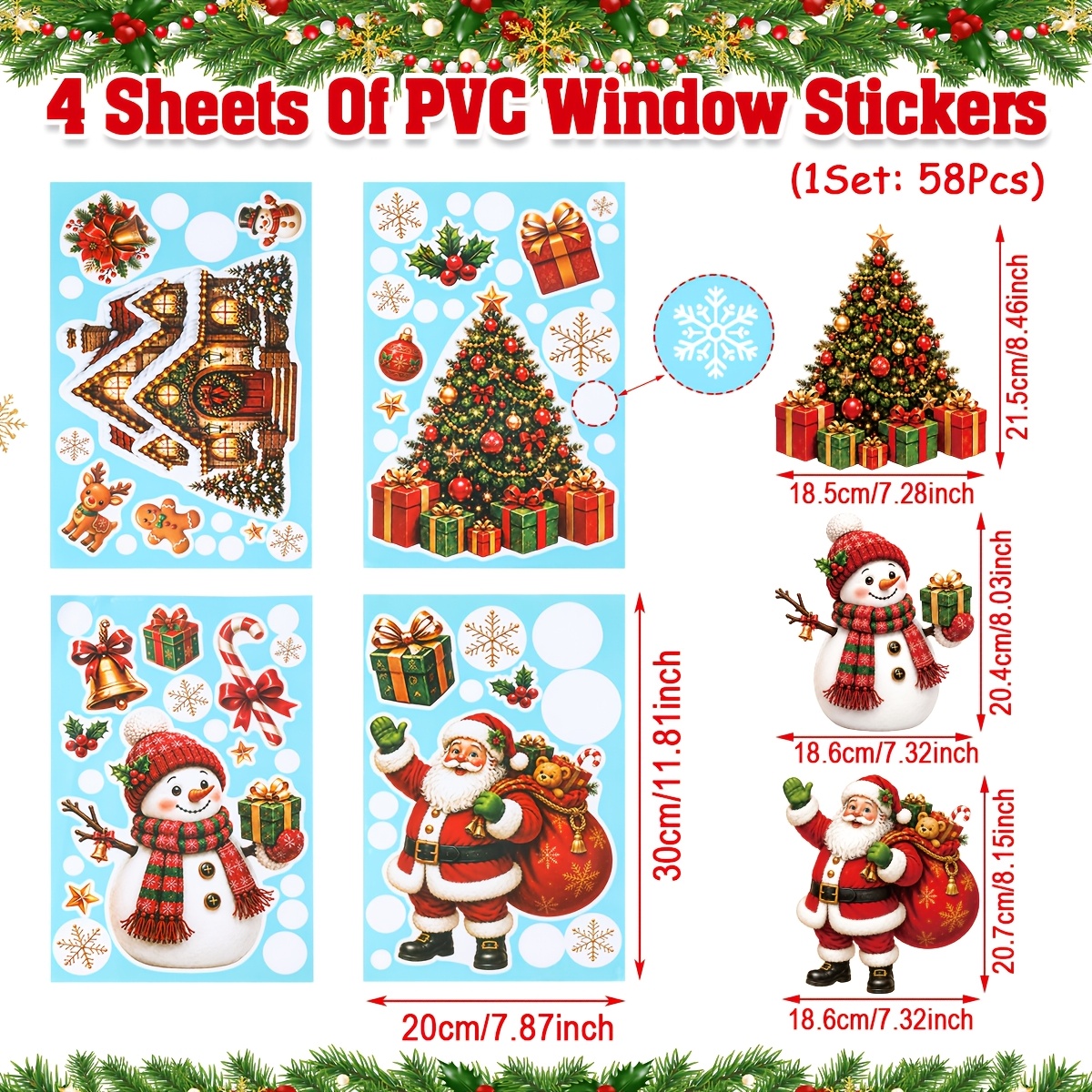TEMU 2D Flat - 2D Flat - 2D Flat, Rote Weihnachtsfensteraufkleber, Weihnachtsmann Schneemann Muster Aquarell PVC Fensterfolien, Frohe Weihnachtsfeier