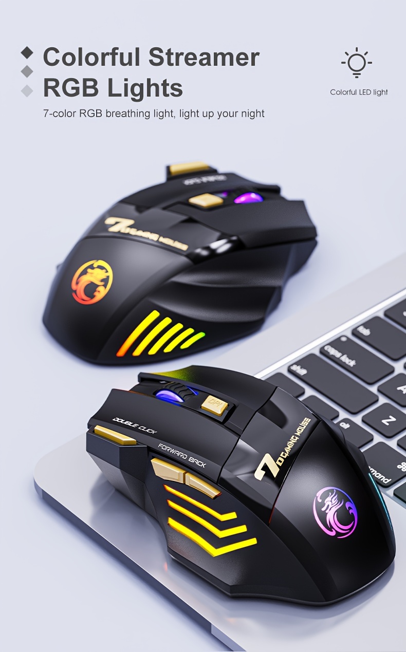 USB Wiederaufladbare Maus mit 7 Tasten, 2.4G Leiser Betrieb, 7-Farben Atmungsaktive LED, Kabellose Gaming Maus, Ergonomisches Design mit RGB Hintergrundbeleuchtung, Geeignet für Laptops