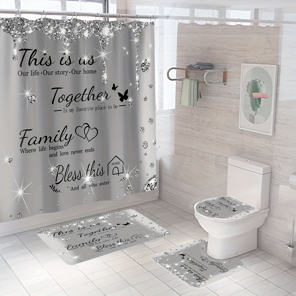 

4pcs Sparkling Diamond Letter Printed Shower Curtain Set, Shower Curtain With 12 Hooks, Non-slip Bathroom Rug, Toilet U-shape Mat, Toilet Lid Cover Pad, Bathroom Decor
