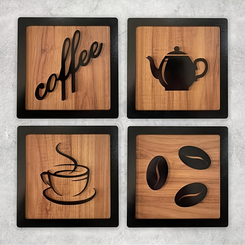 2d Flat, 4-season Gift, 2d Flat Printed Wooden 4pcs Set, Coffee Corner Frame, 2d , Kitchen Wall Decor, 2d Flat
