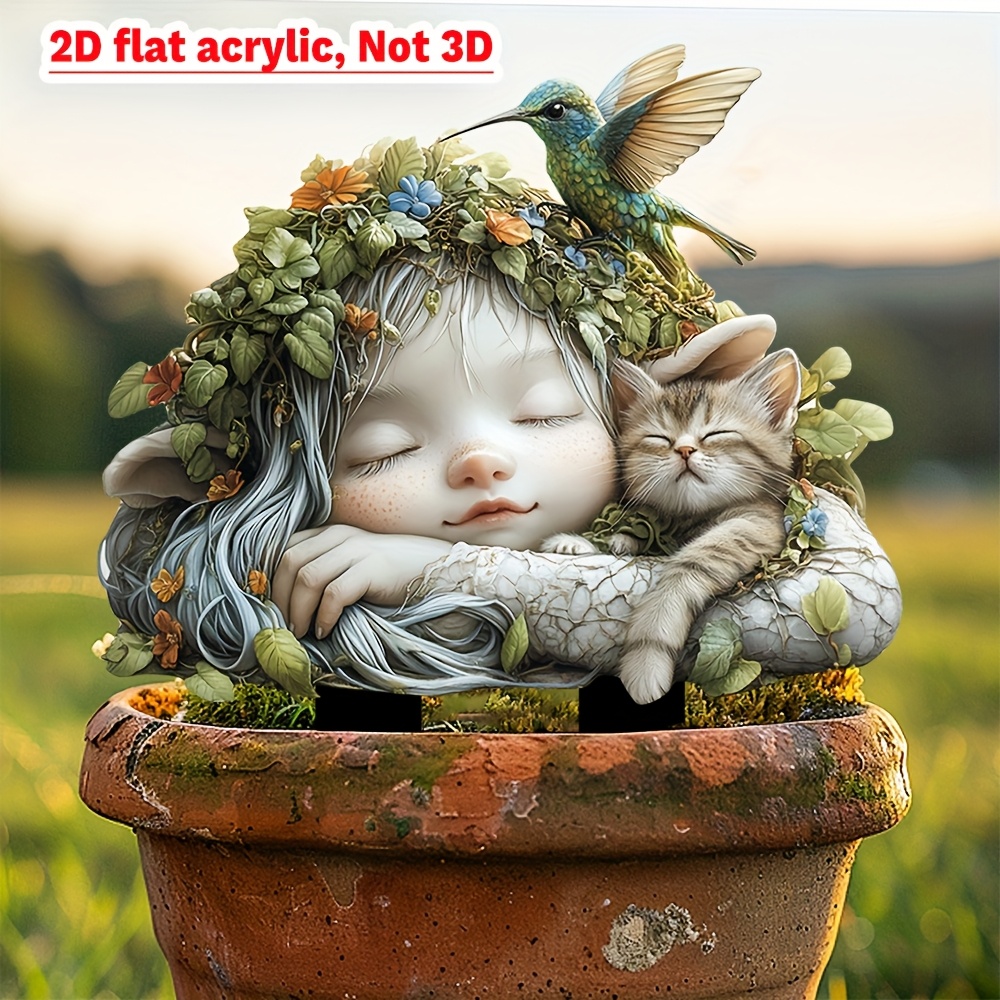 

2d Flat, 2d Flat Acrylic, Hummingbird & Sleeping Fairy Garden Stake, 11.8" X 11.4", Acrylic Outdoor Decor For Potted Landscapes And Yards, Weatherproof Bohemian Style