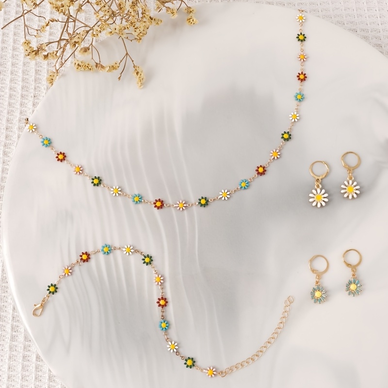 TEMU 4 pièces Ensemble Collier Bracelet Boucles d'Oreilles Fleur de Marguerite Couleurs Mélangées, Accessoires de Bijoux Mignons et Frais pour Femmes