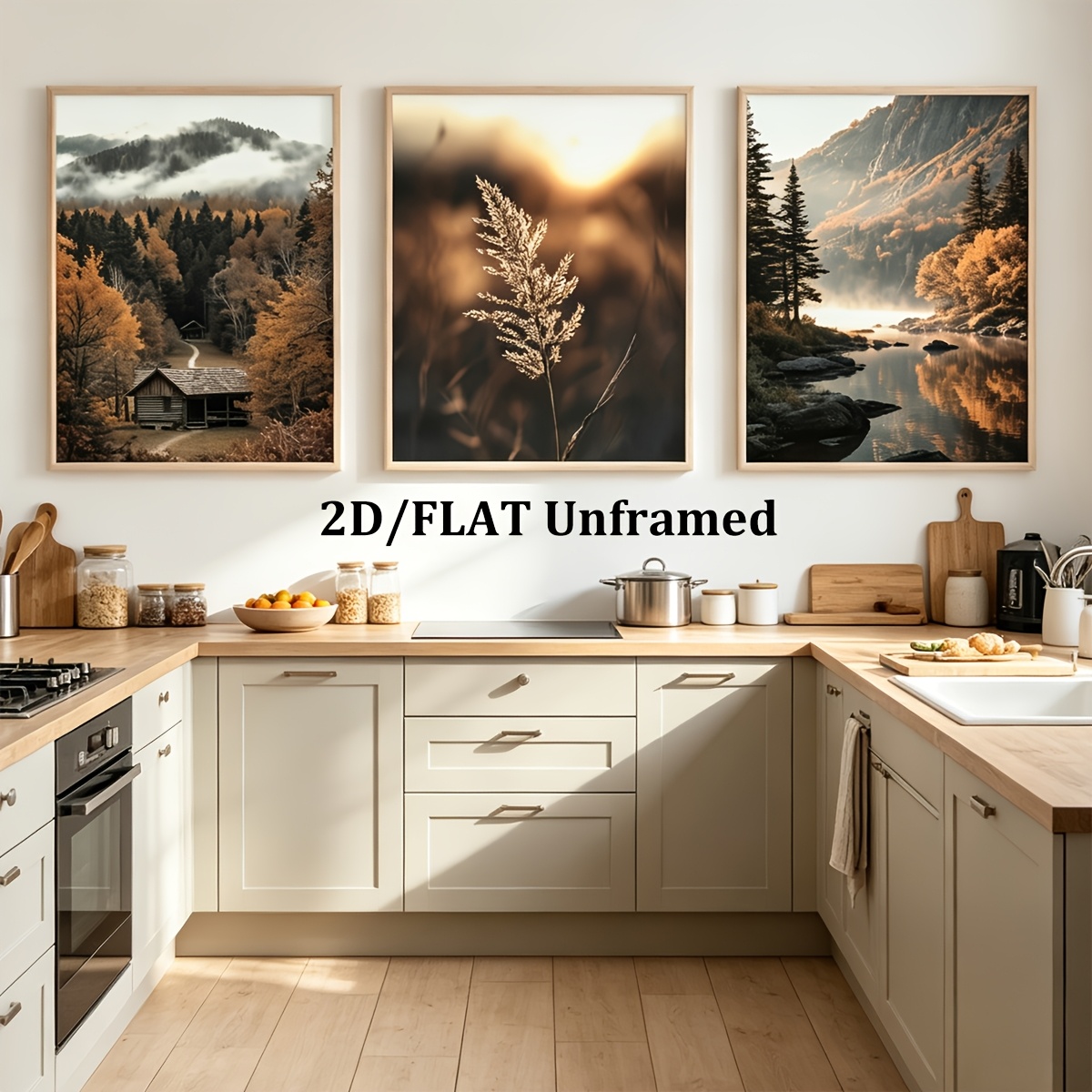 TEMU 2d Flat, 2d Flat, Frameless Canvas Poster, 3pcs Autumn Forest Cabin Reed Tri-panel Decorative Painting, Autumn Scenery Landscape Poster,