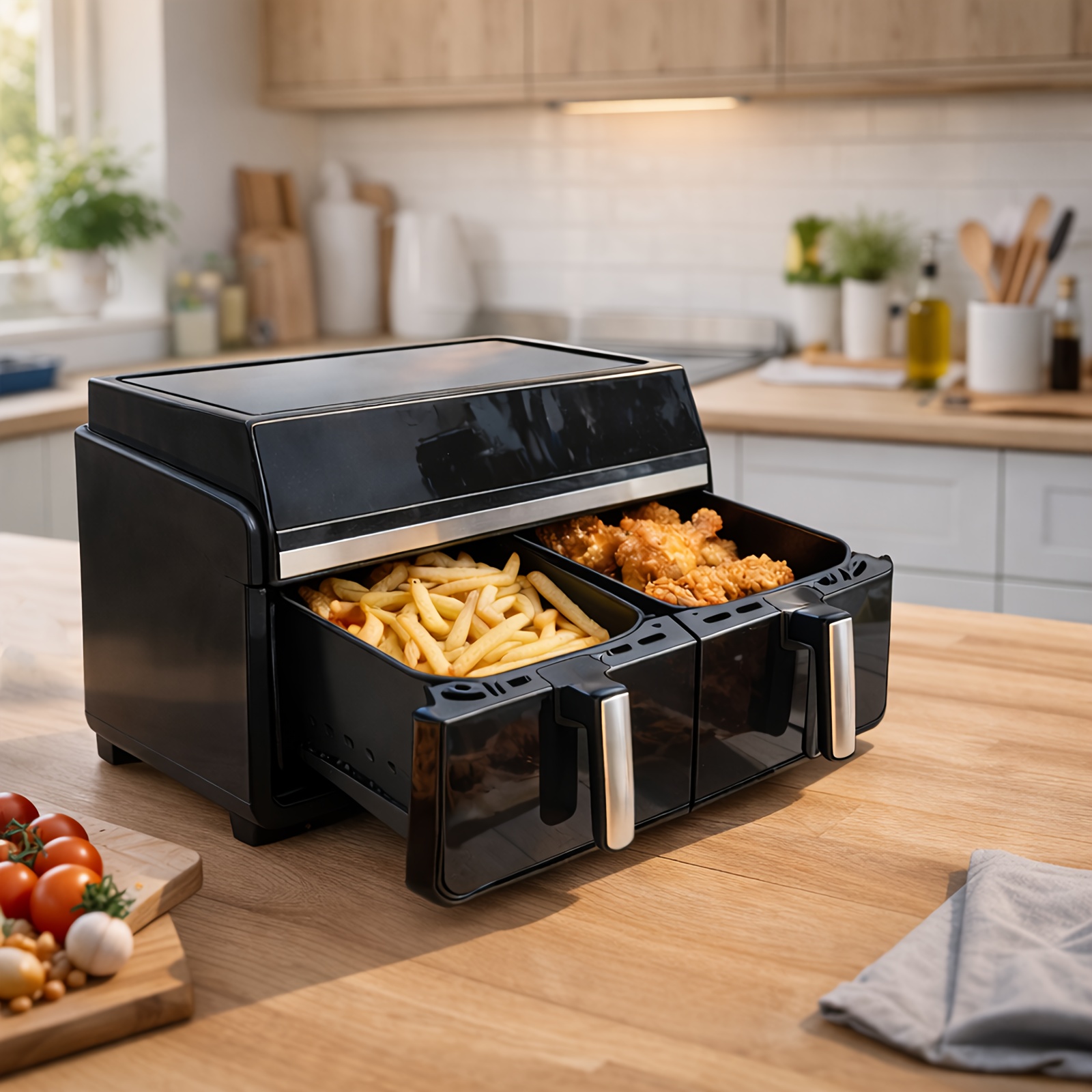 10L Mini Friteuză cu Aer Nouă pentru Acasă, Friteuză cu Aer cu 2 Camere, Zonă Duală, Friteuză cu Aer cu Camere Suprapuse, Ecran Tactil și Timer, Coșuri Sigur pentru Spălare în Mașină de Spălat Vase