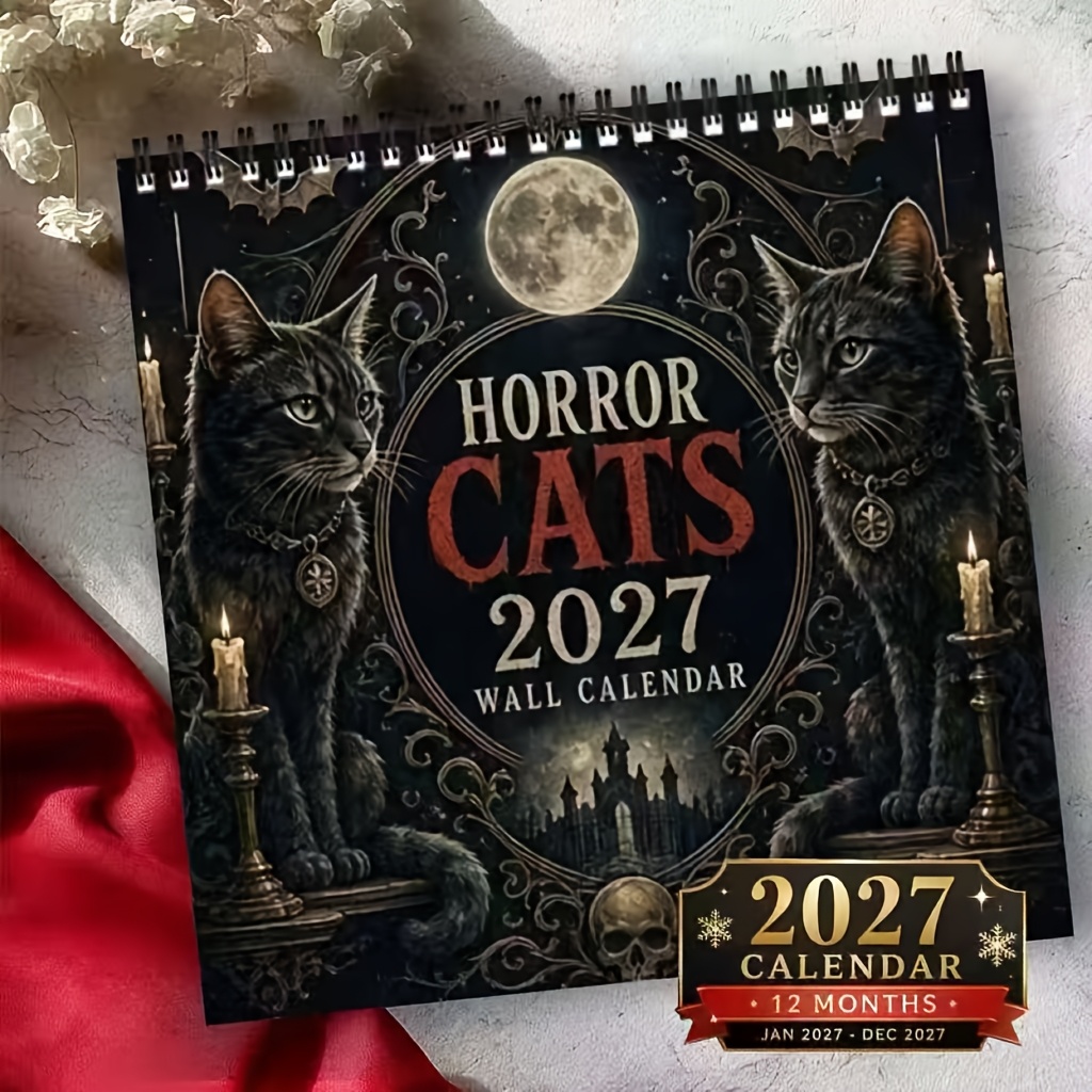 TEMU 1pc 2027 Gothic Horror Cat Wall Calendar - 12-month Hanging Calendar With Note Area, And Candlelight Design, Suitable For Cat Lovers And Horror