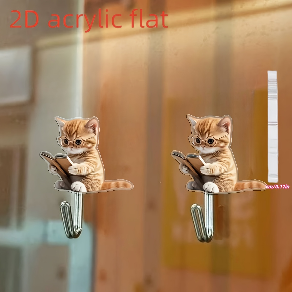 E-shop 2D FLAT 2 Stück Seriöse Lesekatze Selbstklebender Haken Dekorativer Schlüsselanhänger Unregelmäßiger Wandhaken für Schlafzimmer Bürodekoration