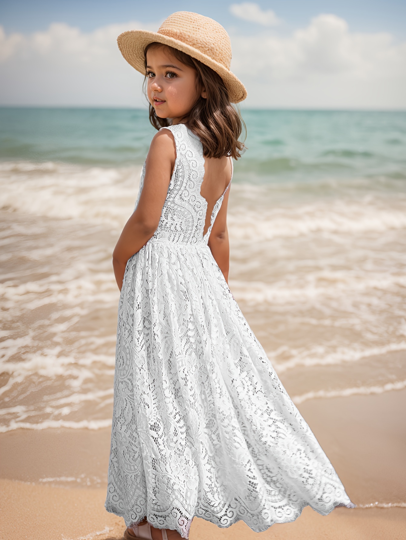 Girls' Lace Backless Dress, Princess Wedding Pageant Sleeveless Gown  Fancy Dress, Kids' High-End Evening Birthday Party Vest Dress