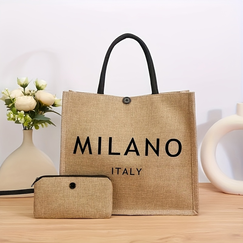 TEMU Ladies' Handbag 2pcs Set: Lightweight Burlap Tote Bag And Cosmetic Pouch - 2pcs Fabric Printed Women's Tote Set, Portable Travel Beach Shopping