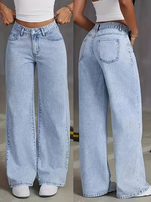 womens 2025 loose wide leg straight jeans acid wash light blue tummy control casual pants with pockets high waisted solid color trousers elegant ladies clothing denim trousers fit for travel work and office wear