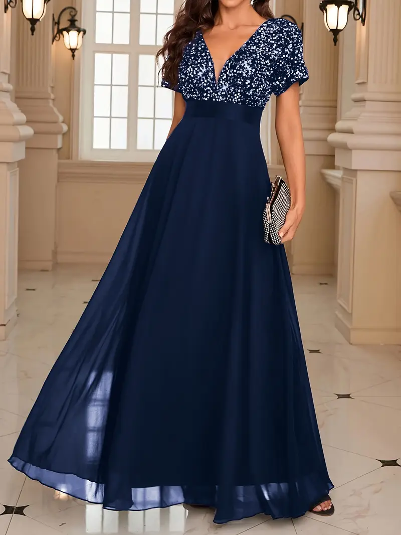 Elegant Black Sequin V-Neck Evening Gown with Sheer Mesh Overlay and Short Sleeves A-Line Formal Dress for Women Weddings and Special Occasions,