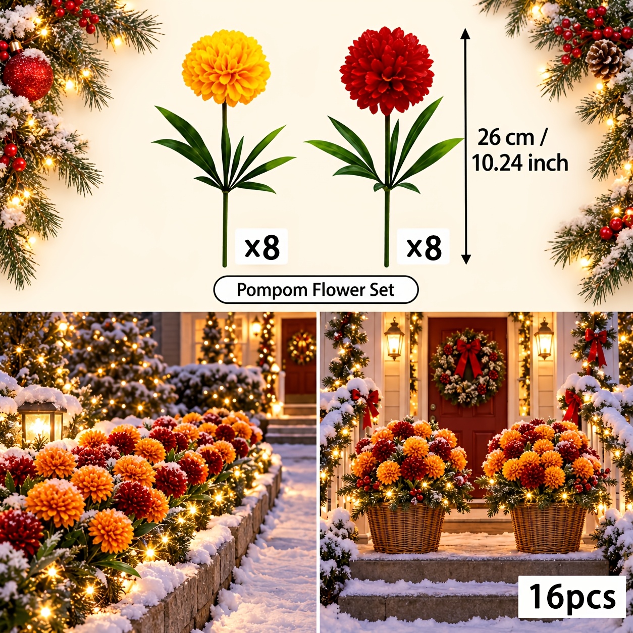 TEMU Bouquet de 16 tiges de fleurs de chrysanthème artificielles, pour décorations d'hiver, de Noël et de Thanksgiving, porche, jardin, décoration de
