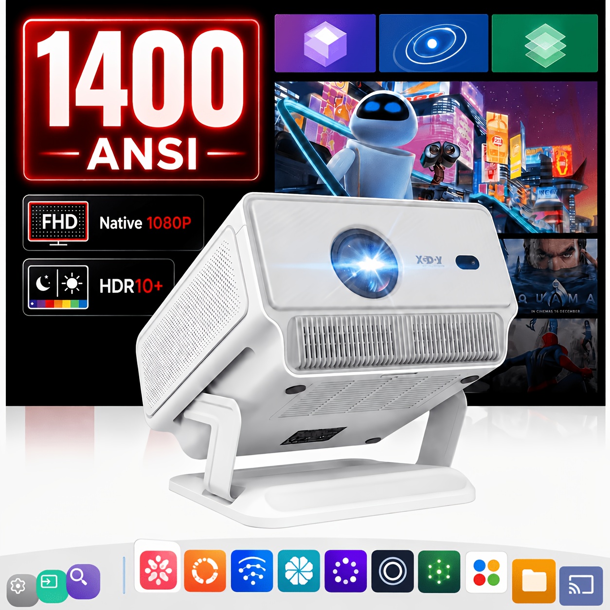 Xgody Native 1080p Smart Projector, 1400 Ansi, Hdr10+, Auto Focus, Auto Keystone Correction, Screen Alignment, Obstacle Avoidance, Dual-band Wifi, Bt 5.4, 2*10w Speakers, 40-150 Inch Projector