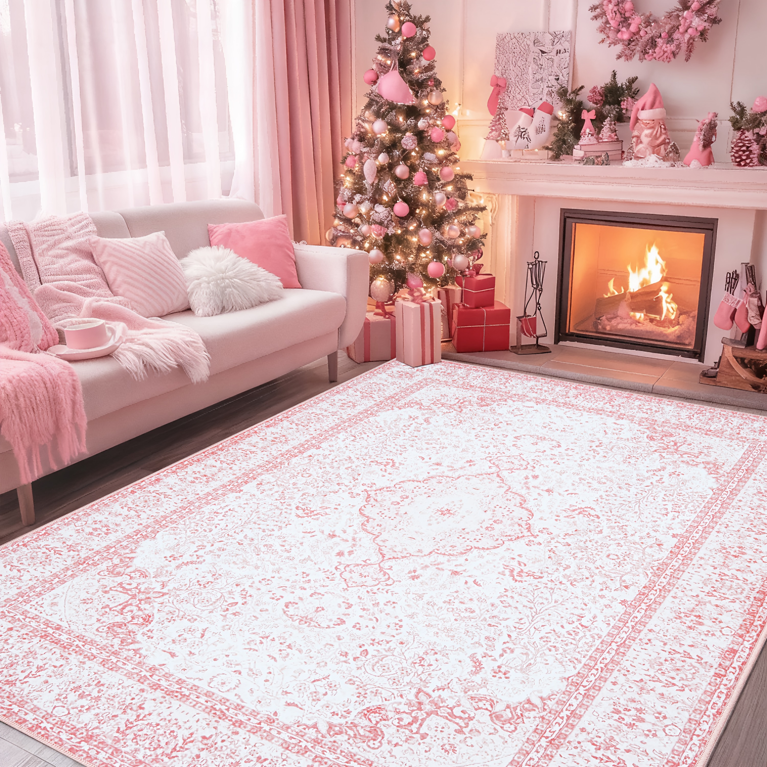 Washable Area Rugs For Bedroom, Non-slip Backing Minimalist Rugs, Low Pile Vintage Boho Large Pink Rug, Room Rug, Patio & Garden Decor, Camping Rugs, Gift(pink)