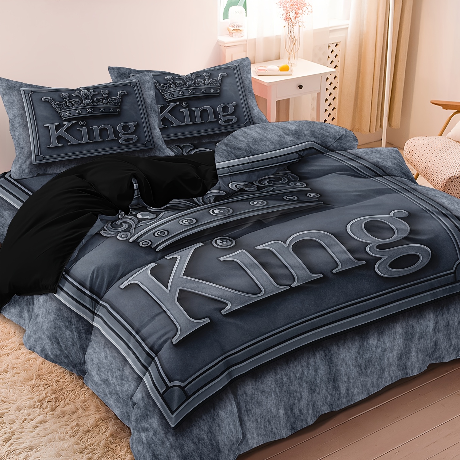 TEMU 3pcs Dark Aesthetic Grey Letter Print Design Quilt Donna Duvet Cover Set, Soft Cosy Bedding, Zipper Closure, For The Last Name Of King,