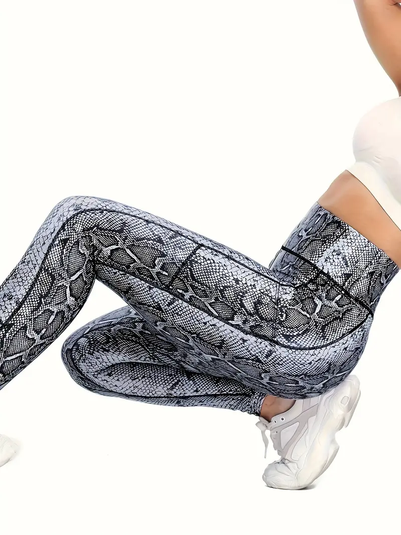 Snakeskin Print Breathable Yoga Leggings Slim Fit Pocket - Temu