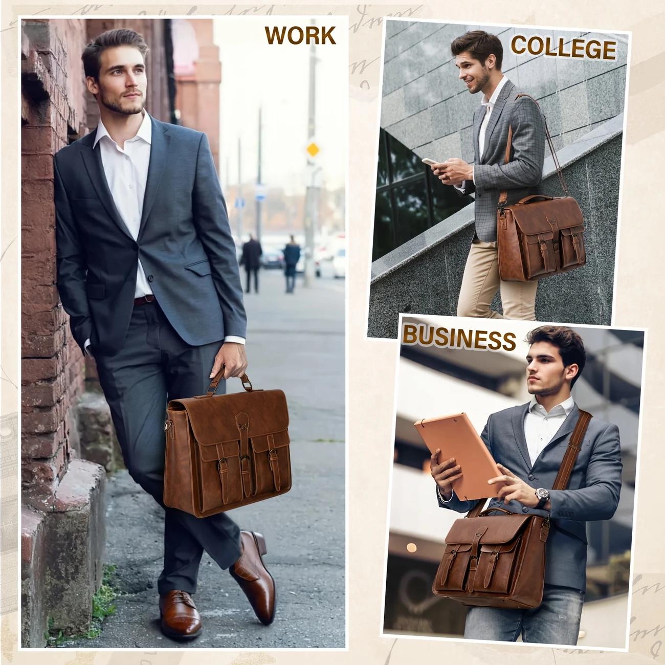 messenger bag for men 18 inch vintage synthetic synthetic leather laptop briefcase large laptop bag satchel bag computer shoulder bag for office work travel college brown details 3