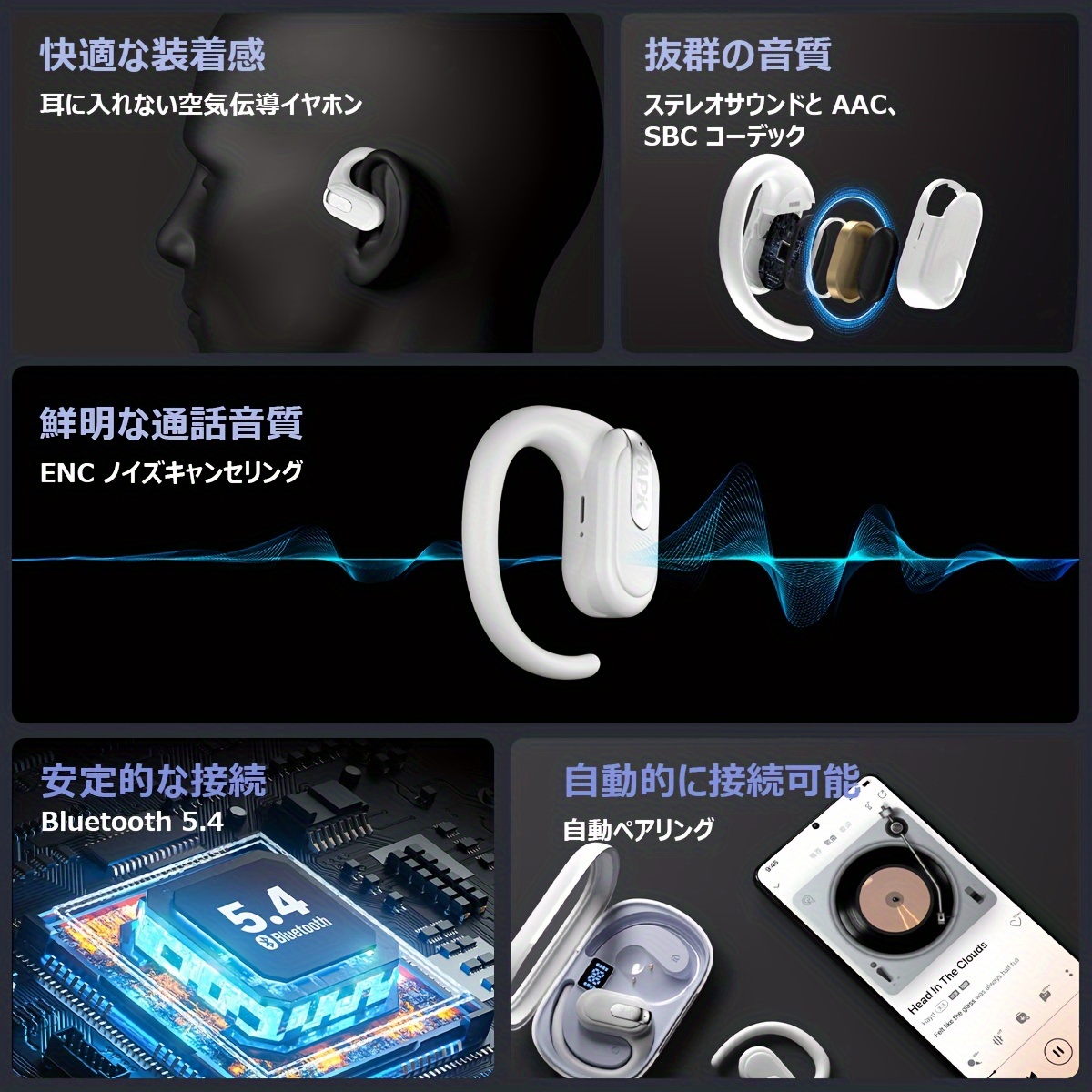 空気伝導イヤホン ワイヤレスイヤホン 自動ペアリング 骨伝導 耳挟み ブラック Amazon.co.jp: EQZ 骨伝導イヤホン bluetoothの進化 空気伝導