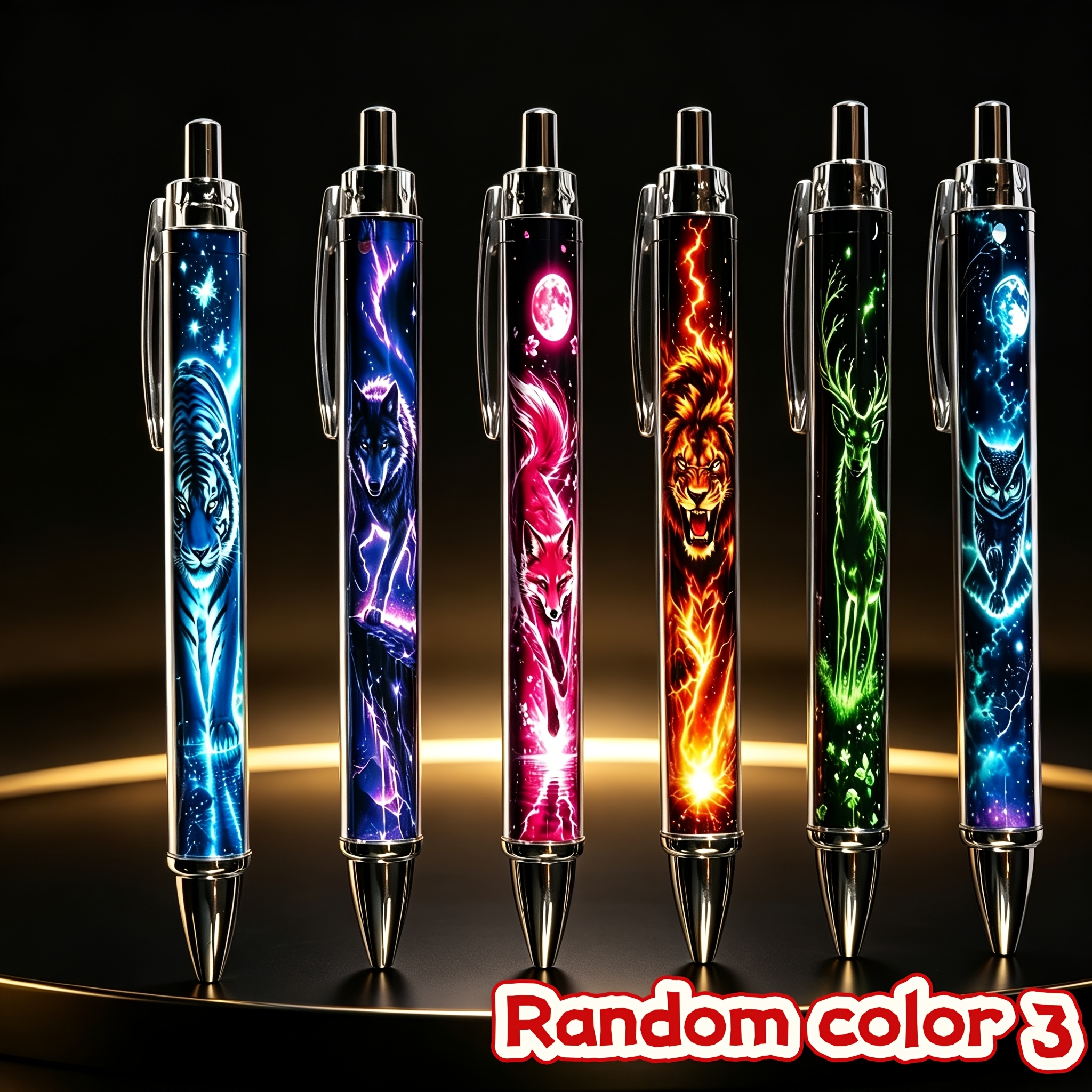 TEMU Random 3-pack Neon Starry Sky Lightning Click Pens, Cool Tiger, Black Wolf, Lion, , Reindeer, Owl Patterns, Smooth Writing, Suitable For