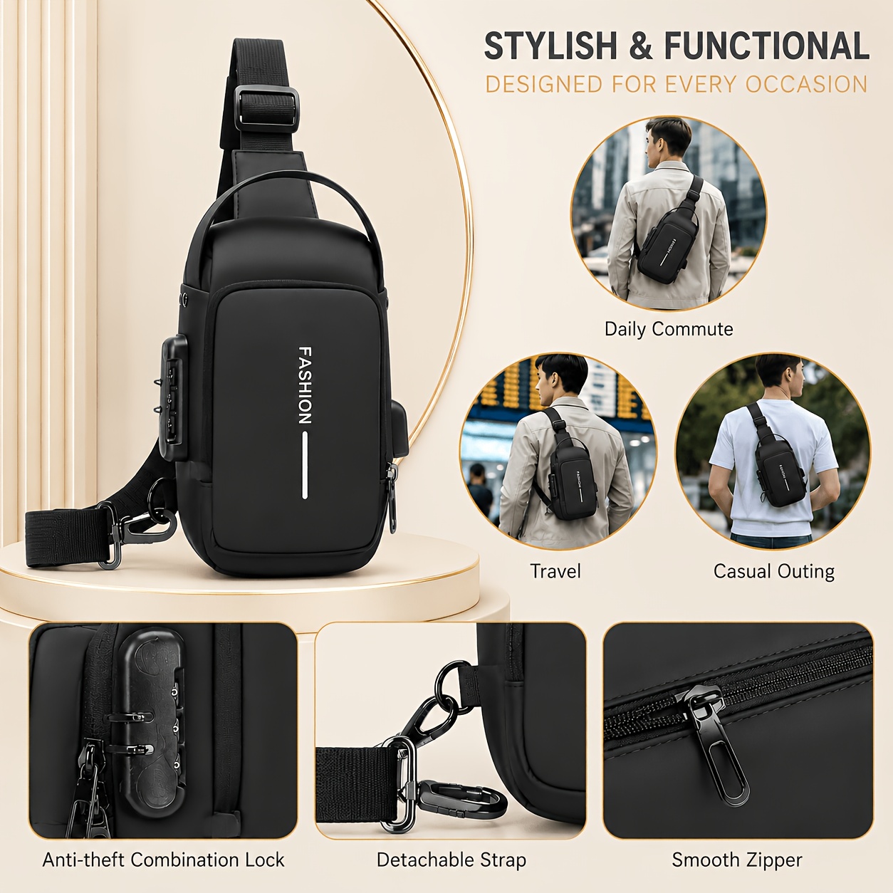 TEMU Sac à dos de moto avec cadenas, sac bandoulière convertible, compartiment à fermeture éclair, bretelles réglables, pour quotidiens, voyages et