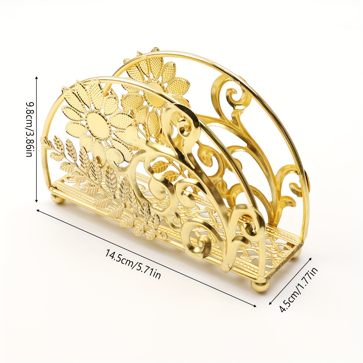 E-shop Eleganter Goldener Metall-Vintage-Serviettenhalter mit Blumenmuster - Kompliziertes Blatt- und Blumendesign, für Esszimmer, Küche oder
