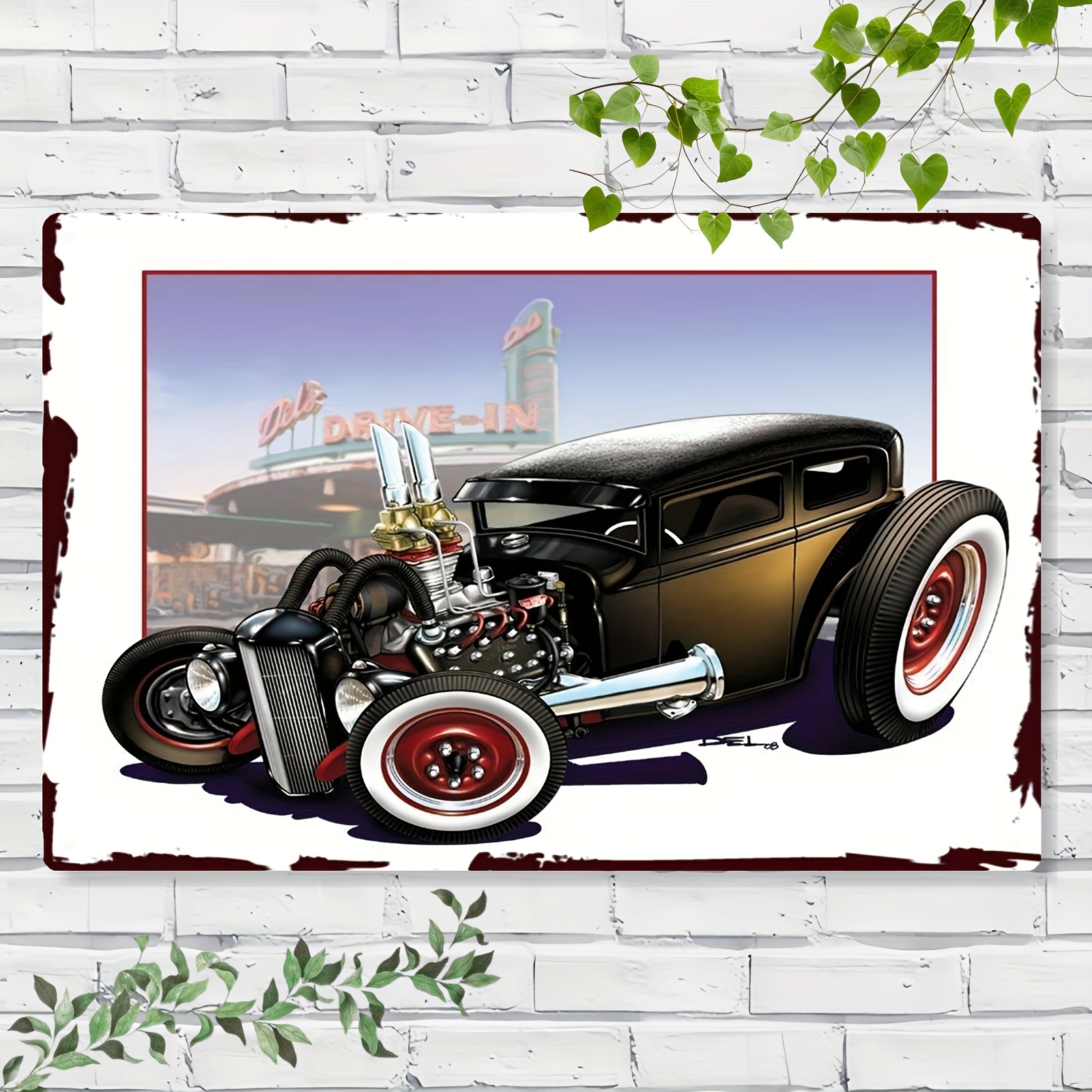 TEMU 2d Flat - Vintage Hot Rod Car Tin Sign - 20.32x30.48 Cm Classic Iron Wall Art Featuring A Detailed Engine And Red Highlights, Ideal For Home,