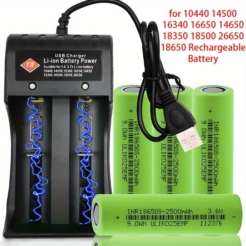 Lot de 4 batteries rechargeables 18650 avec chargeur de batterie 18650  Lampe de poche LED lumineuse, chargeur universel pour batteries Li-ion  rechargeables 37 V 18650 26650 14500 10440 