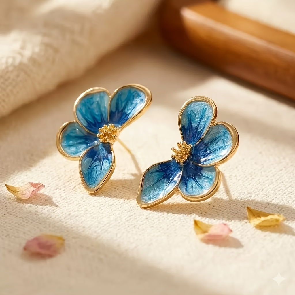 Women's Vintage Blue Enamel Flower Stud Earrings, Elegant Design