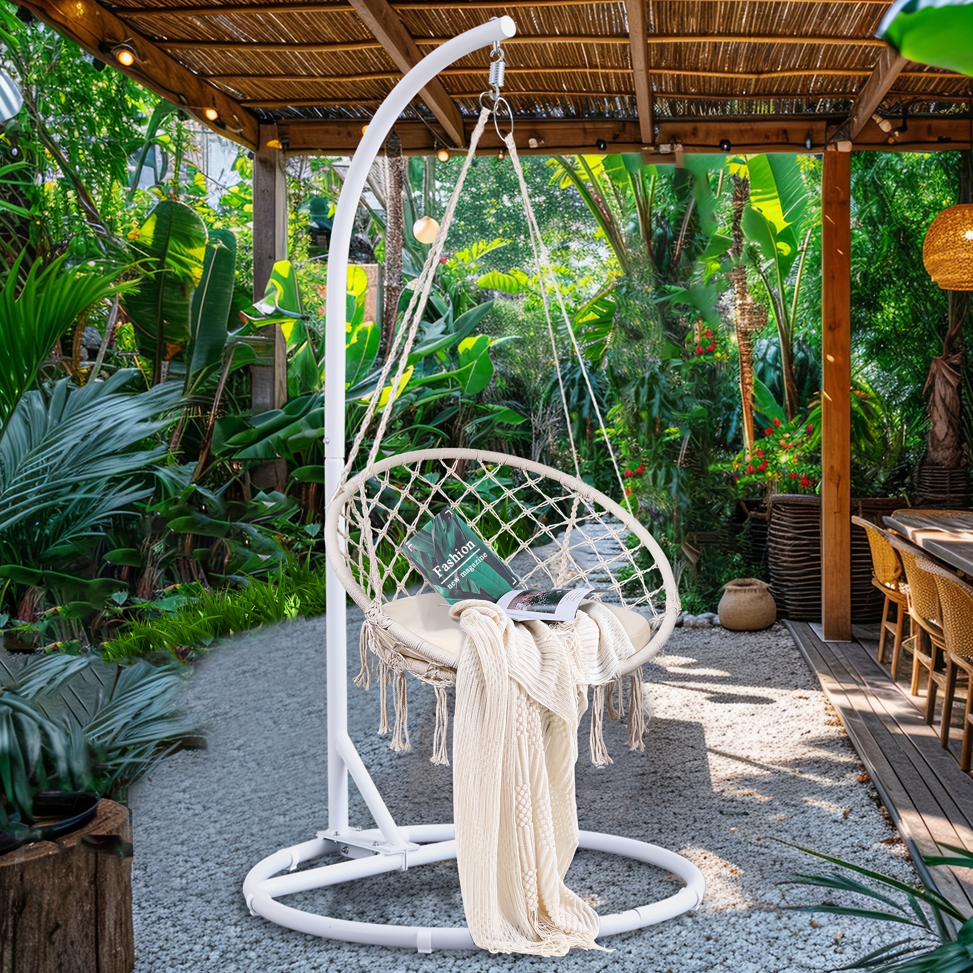 Macrame Hammock Chair with Round Stand, Hammock Swing Chair and Reinforced Base Heavy Duty Hanging Stand for Outdoor Patio Garden Balcony