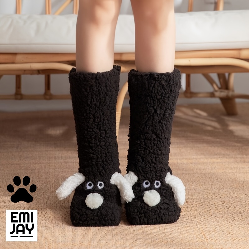 TEMU 1 Pair Women's Cute Puppy Patterned Floor Socks (black/apricot/white), Non-pilling And Machine Washable. Cartoon Animal Plush Socks, , Warm And