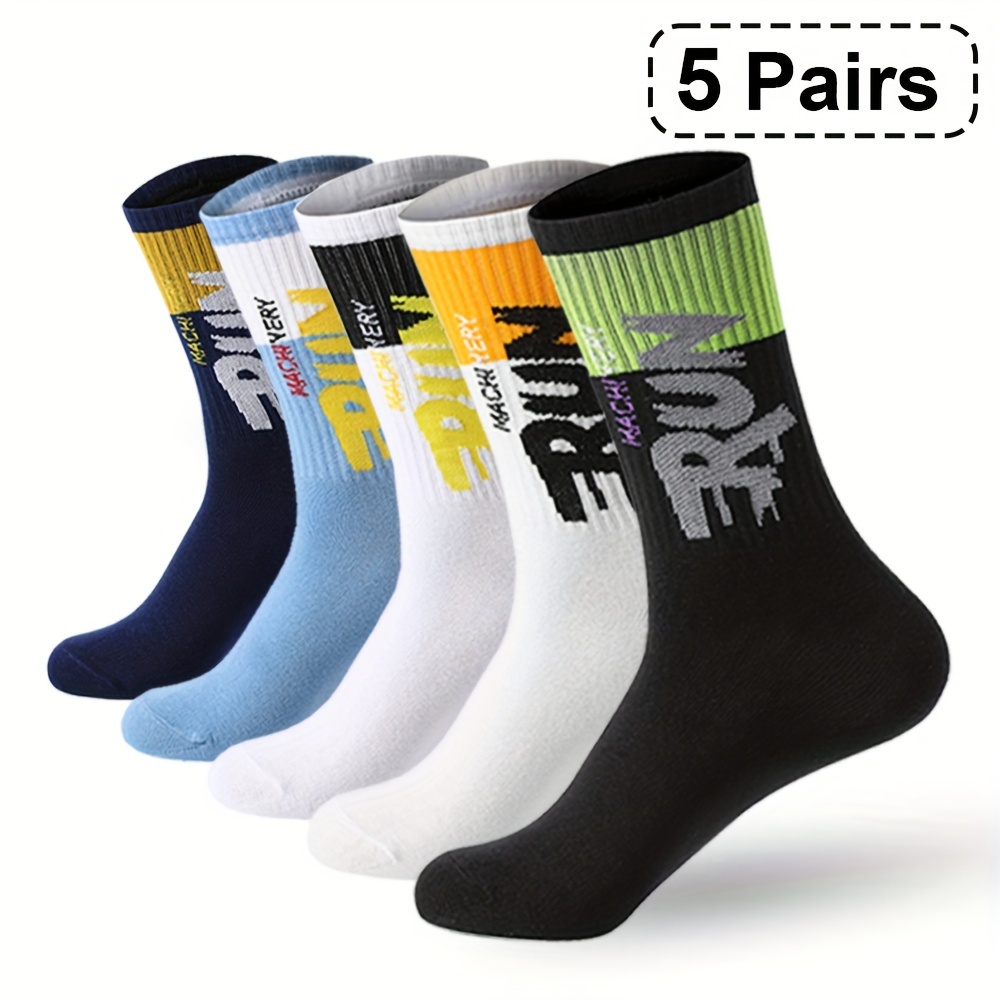 

Letters Pattern 5 Pairs Men's Mid Calf Short Skin-friendly , Sports Socks For Outdoor Fitness Basketball Running