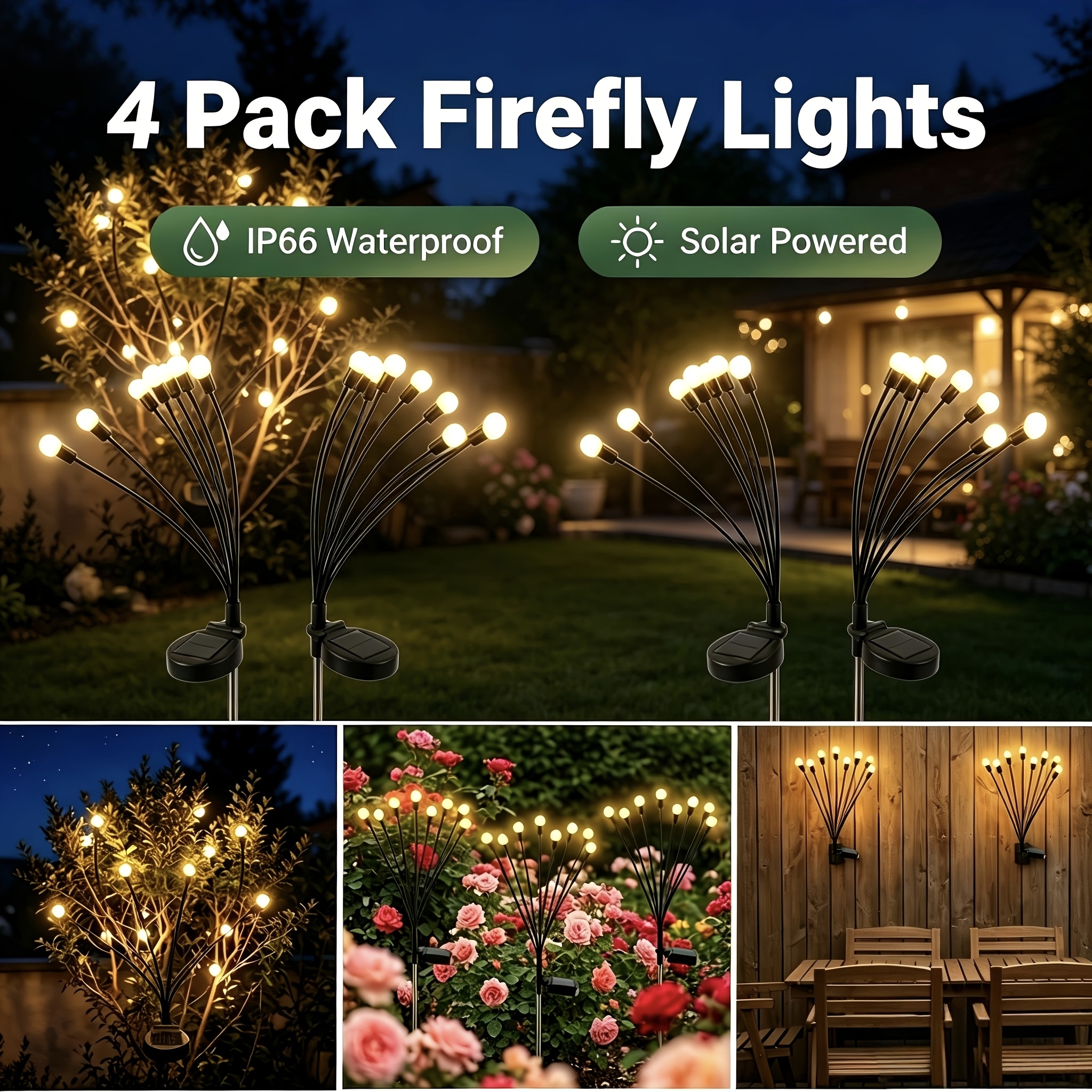 TEMU 4 Sets Of Solar Garden Lights, Ip66 Solar Swaying Lights, Swaying With The Wind, Automatic Sunset To Sunrise Induction Solar Firefly Lights,