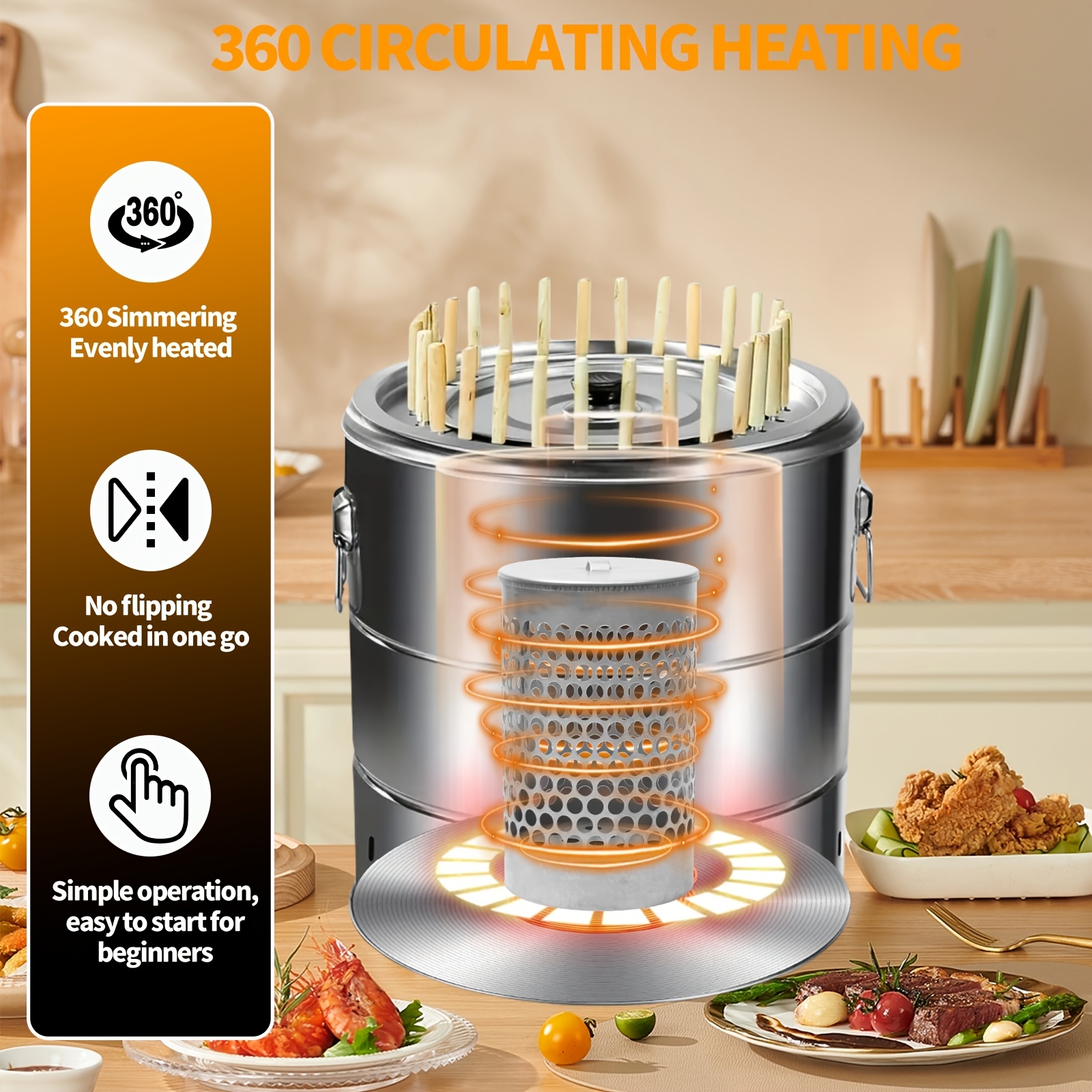 portable smokeless charcoal barrel grill smoking grill smokeless fire pit stainless steel wraparound grill with 28 skewer racks cooking grid and drip tray barbecue tool set 15 4 inch diameter christmas gift for parties picnics and camping details 1