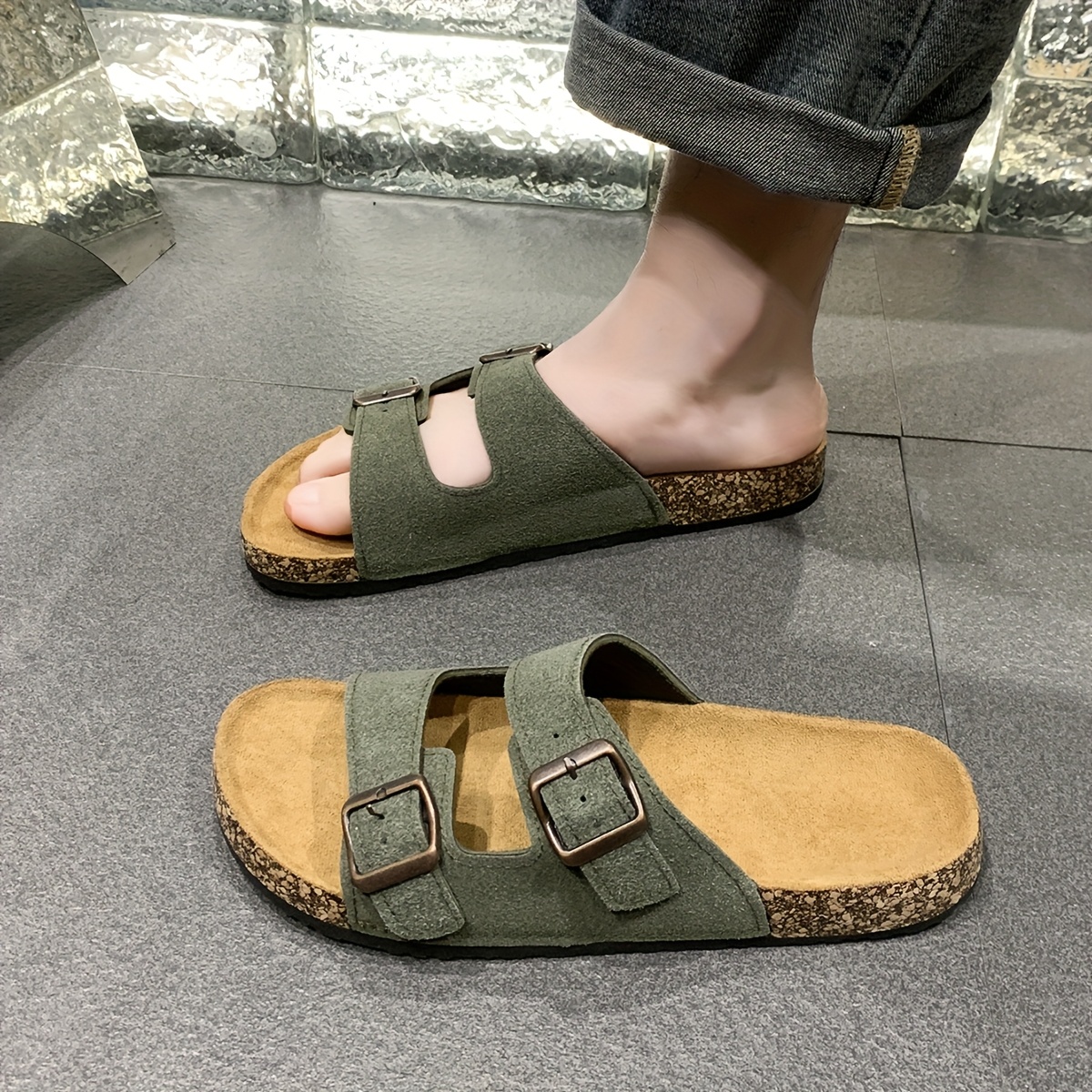 mens fashionable   double   adjustable open toe slip on slippers with non slip   ideal for indoor and outdoor wear   in four colors