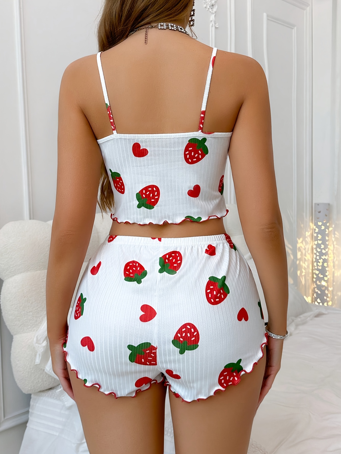 Women'S Strawberry Print Cami Top & Shorts Pajama Set - Cute Summer Sleepwear with Bow Detail, White with Red & Green Strawberries, Sleeveless Spaghetti Strap Design, Perfect for Casual Lounging, Lounging Outfit|Playful Print Top|Playful Print Bottom, Loungewear