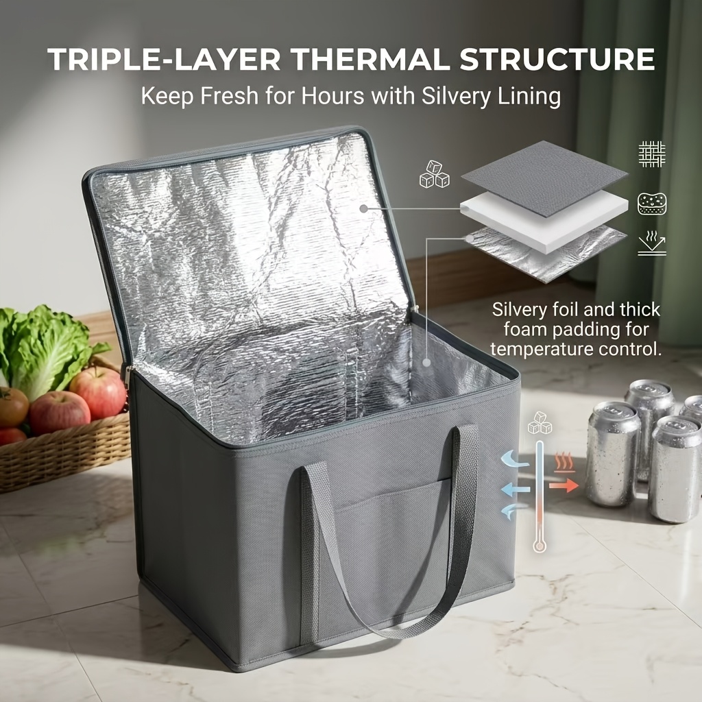 TEMU Premium Insulated Cooler Bag With Pocket Insert, Washable – Thermal Food Delivery, Foldable And Reusable Shopping Bag With Zipper, Collapsible,