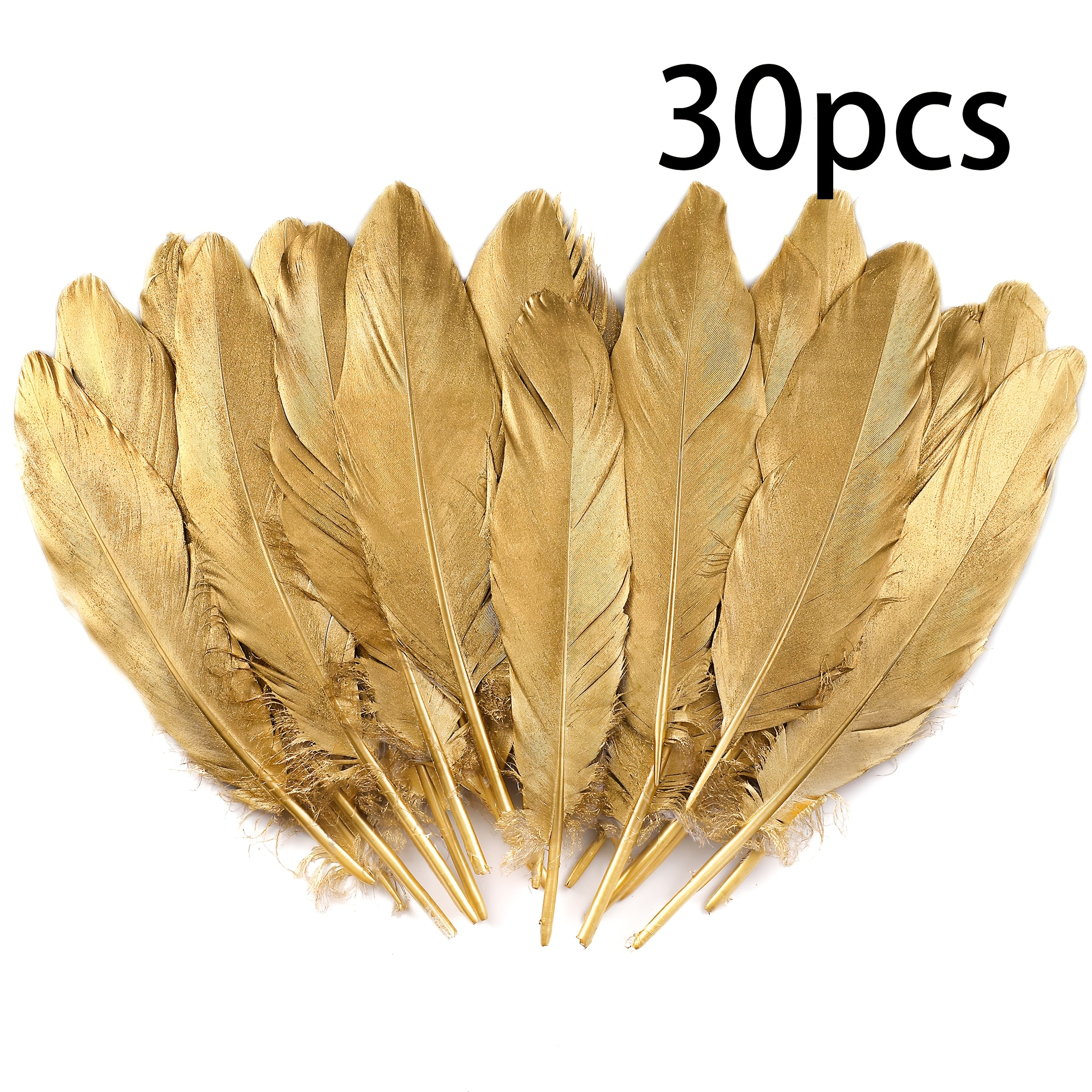 Image of 30 Golden Artificial Feathers | 6-8 Inches (15.2.3cm) For Wedding Party Decor, Crafts, And Clothing Accessories - Pvc Material