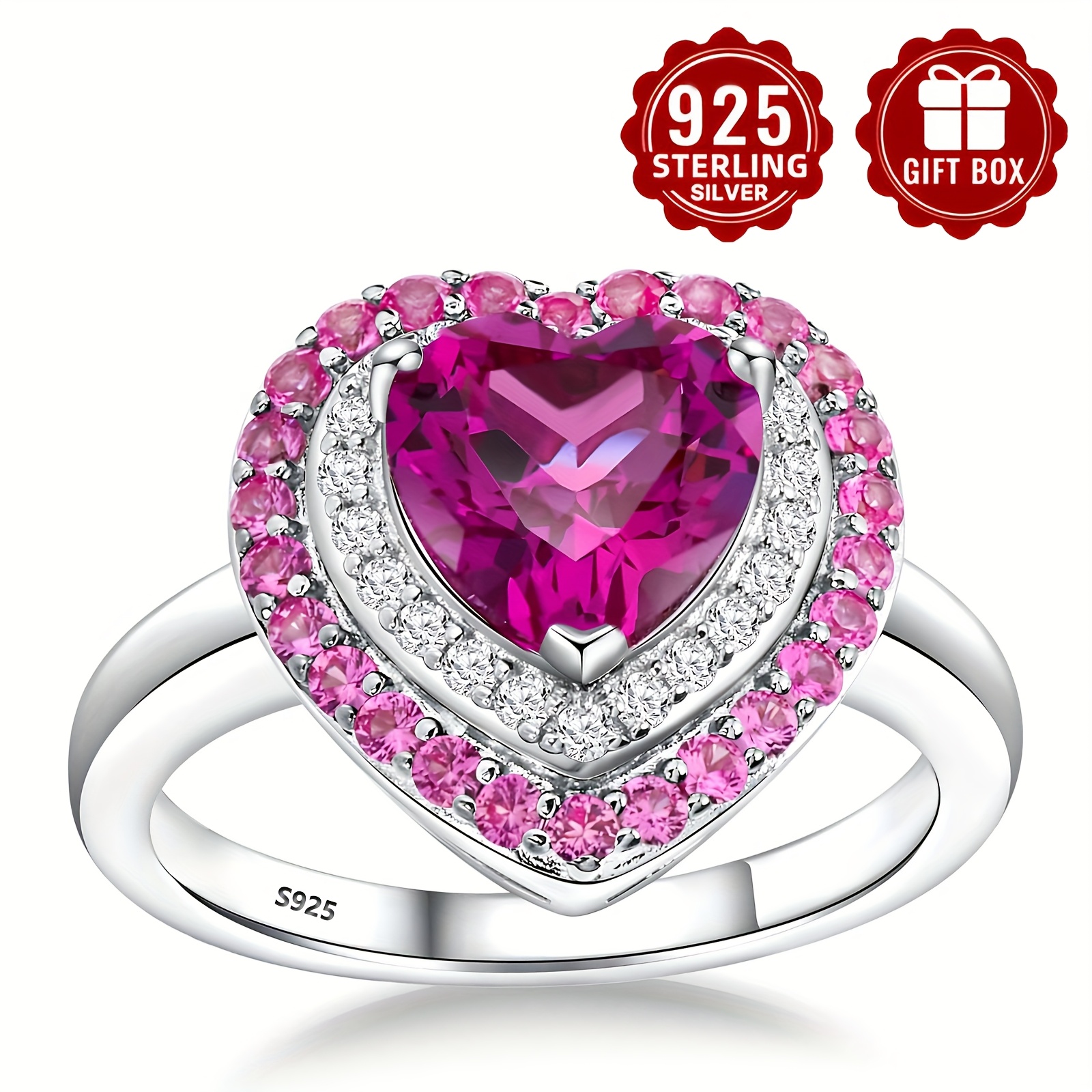 Pink Sparkling Zirconia Ring S925 Silver Heart Shape