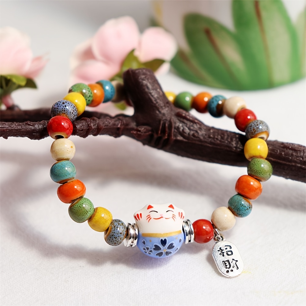 

Colorful Glazed Bead Lucky Cat Bracelet, Ethnic Style Artistic Jewelry Suitable For Both Men And Women