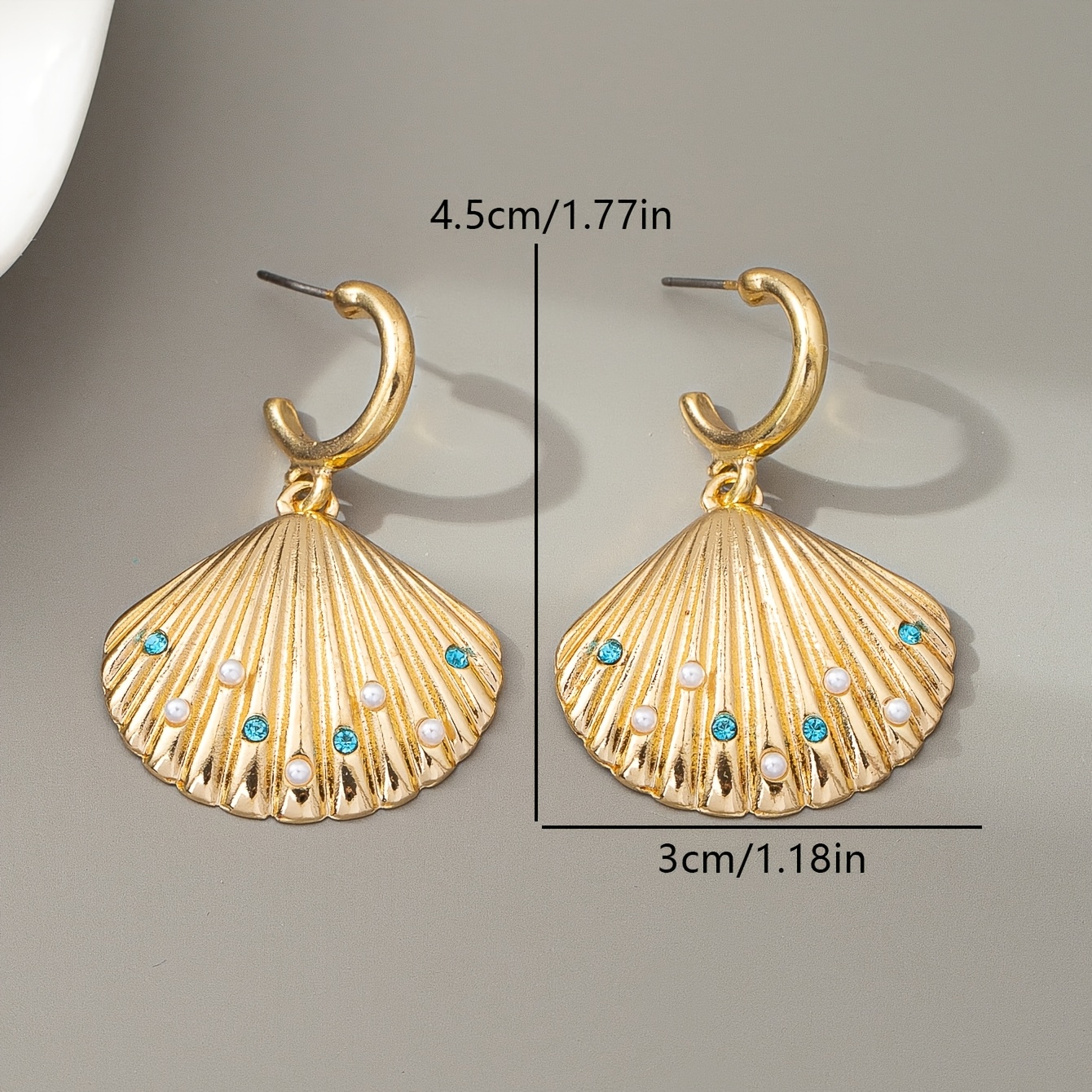 Women's Golden Shell Earrings with Blue Rhinestones, Summer Style