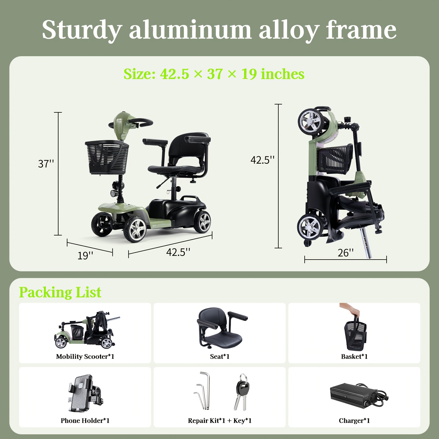 250w foldable electric scooter 24  5ah battery offers a   mile range and   of 5 6 mph it features tires supports 300 lbs and   a charger phone holder and tool kit ideal for senior shopping trips best holiday gift Product details 3