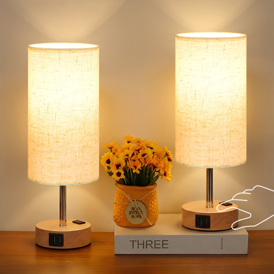 TEMU 2pcs Modern Multi-functional Bedside Table Lamp For Bedroom - 3 Way Touch Lamp Usb C Charging Ports And Ac Outlet, Metal Base And Round Fabric