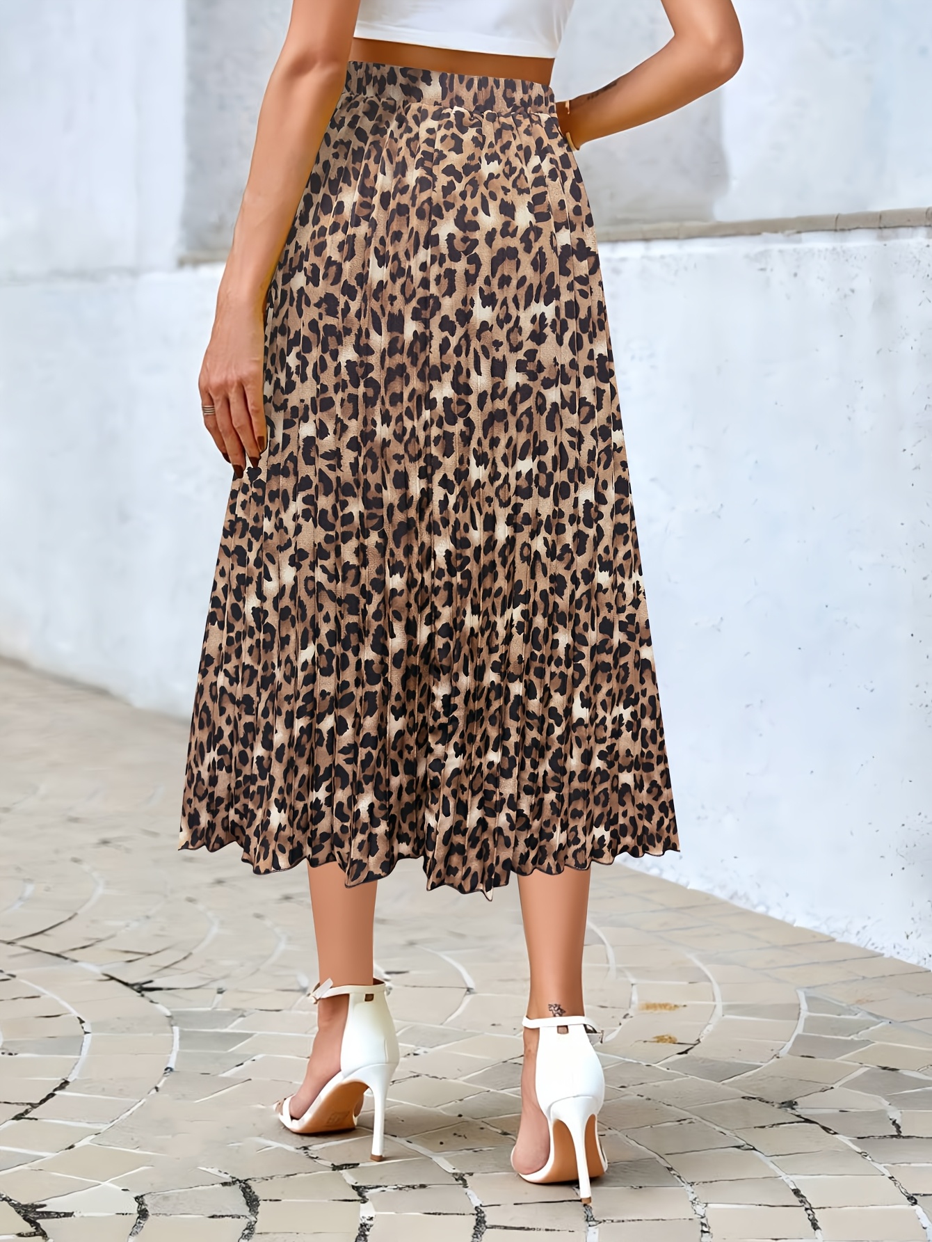 women's leopard print pleated skirt elastic waist polyester Temu