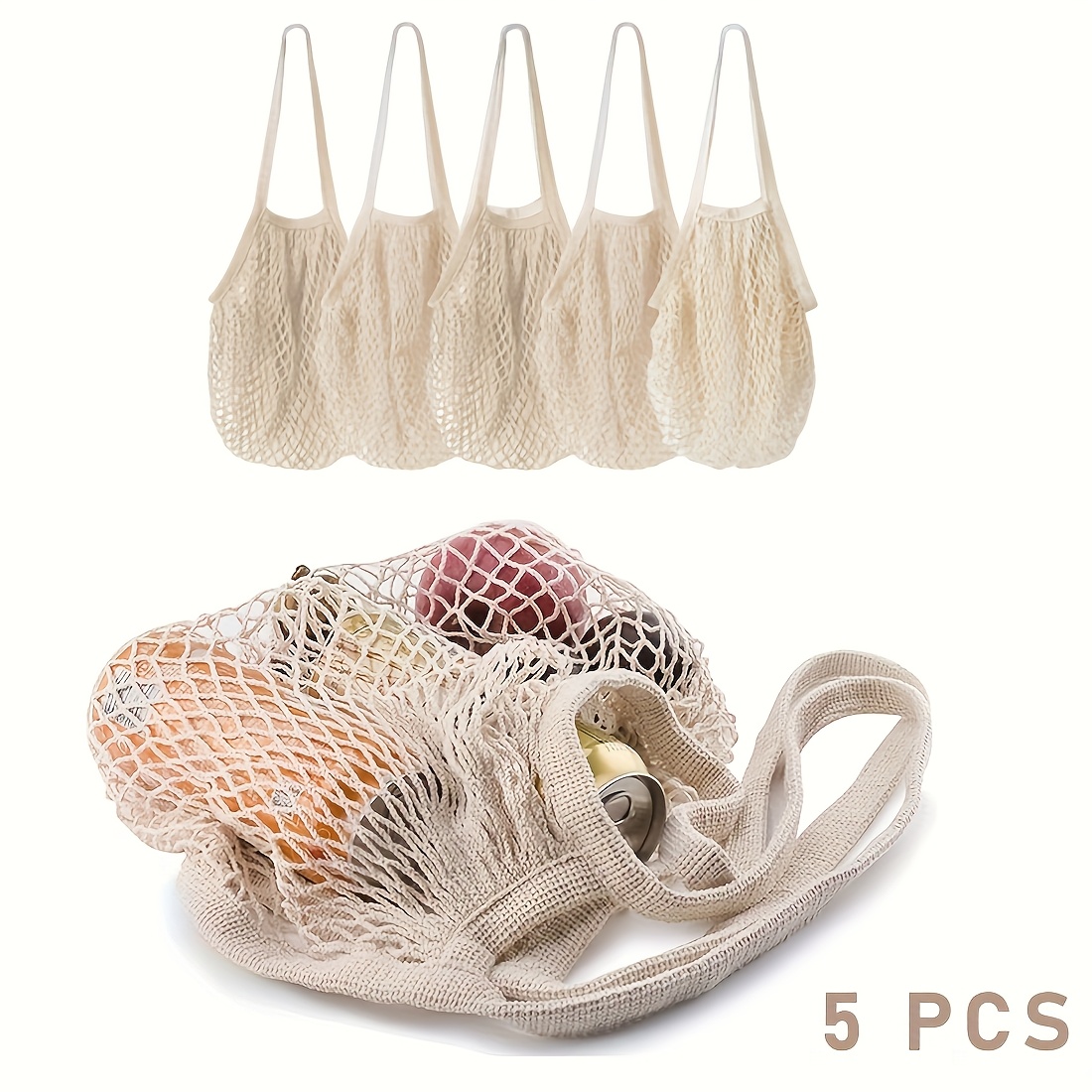 fünf beige mesh einkaufs  mit   für früchte, entworfen für supermärkte und wiederverwendbar.