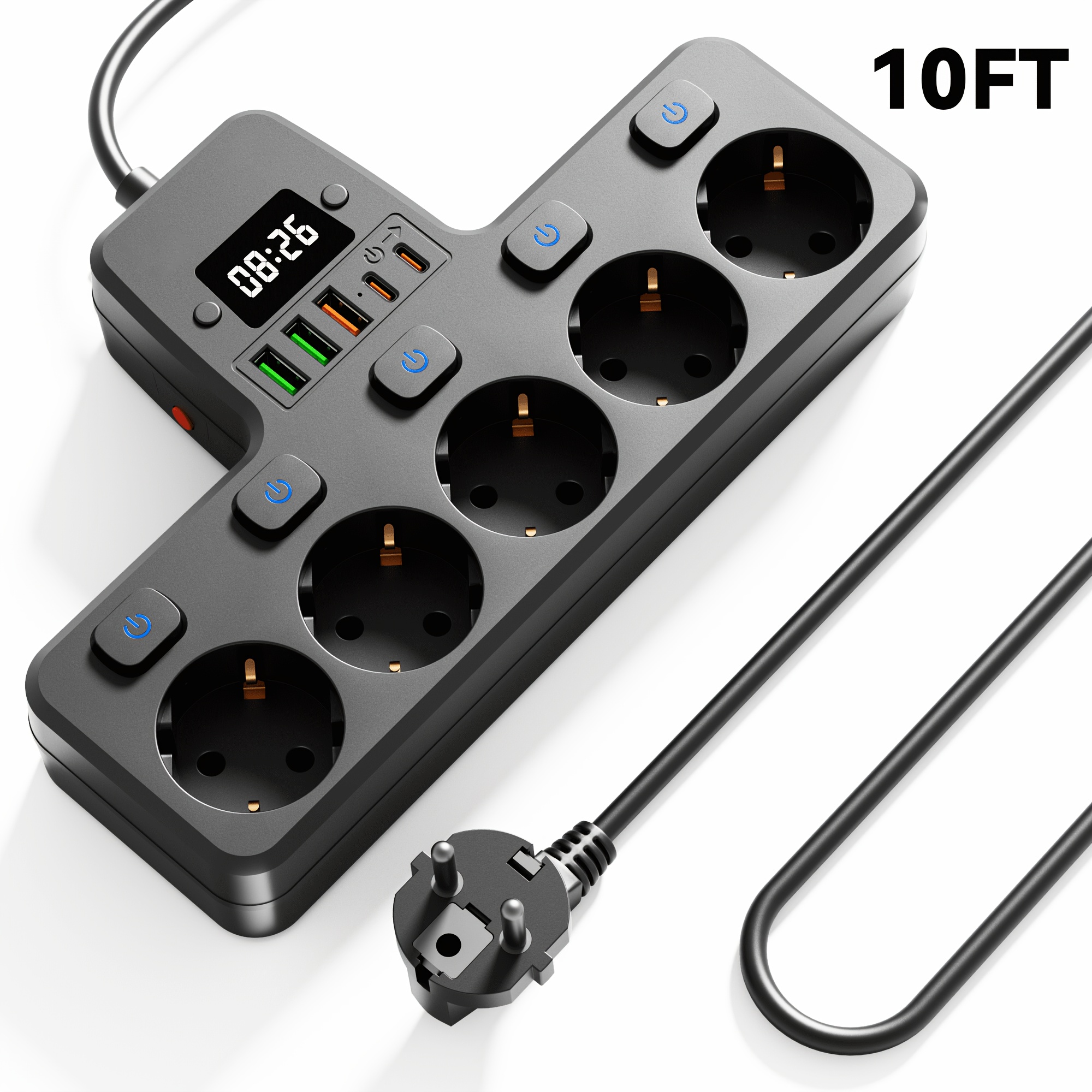 Image of Eu Power Strip With Extension Cord, 5 Ac Outlets, 3 Usb & 2 Type-c Ports, Digital Clock Display, Black & White Optional, Multi-socket For Home, Office, School & Travel