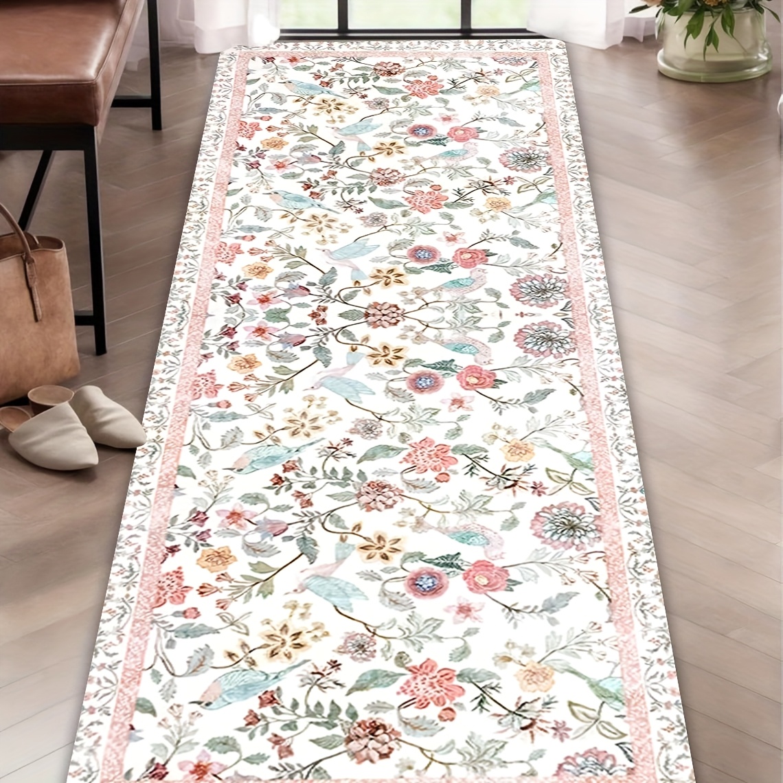 TEMU -1 tapis de course rose élégant à imprimé floral et oiseaux, lavable en machine, antidérapant, convient pour salle de bain, chambre à coucher,
