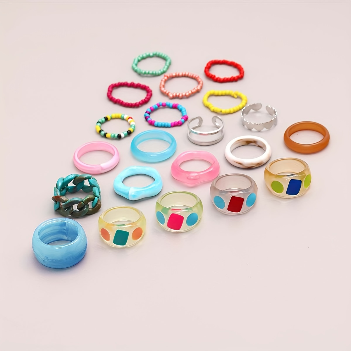 

21pcs/set Cute Jelly Color Rice Bead Resin Ring Joint Finger Summer Decoration Stackable Rings