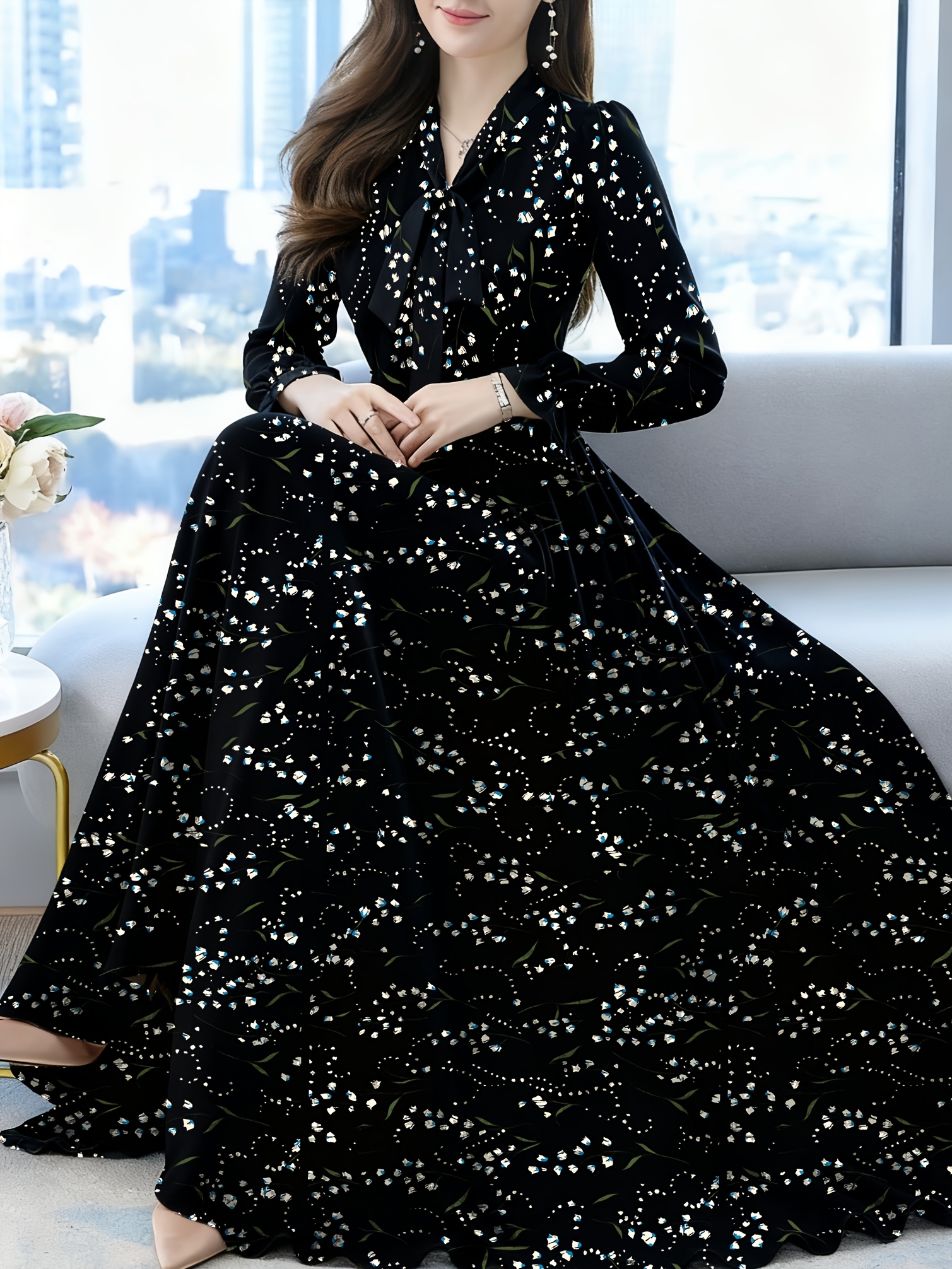 long sleeve midi dresses for women Ever-Pretty Inclusive Plus Size Glitter V-Neck Pleated Long Sleeve Midi Summer Formal Wedding Guest Dress main image 1