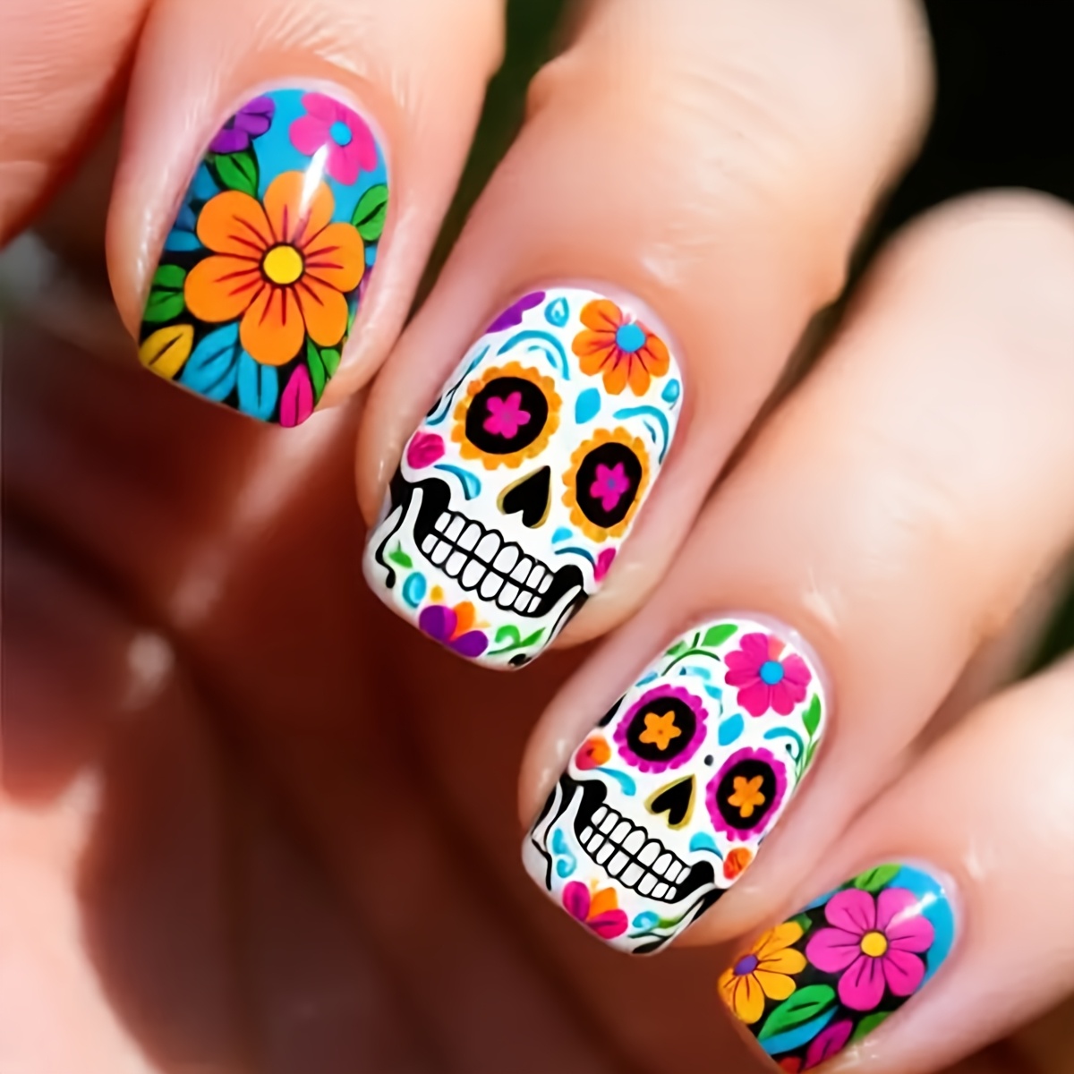 TEMU 24pcs Set Sugar Fake Nails, Party Carnival Style Nail Stickers, Colorful Folk Style Nail Stickers, Short Square Shape With Featuring Sugar And